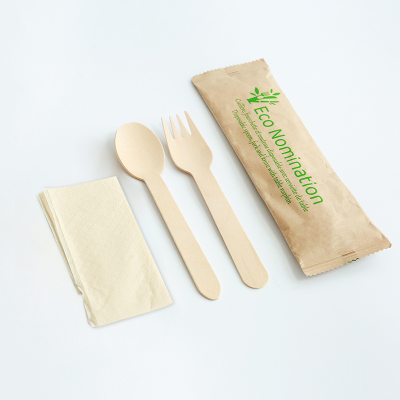 Wooden Spoon + Fork with Napkin 160 mm
