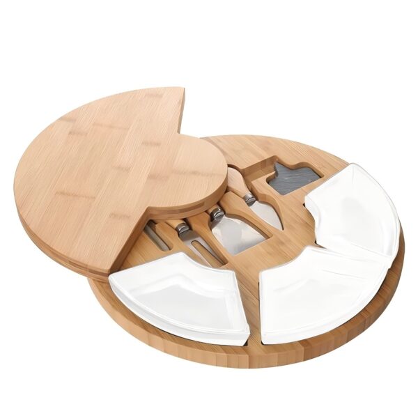 Bamboo Cheese Board Set with 3 Ceramic Bowls & Knives