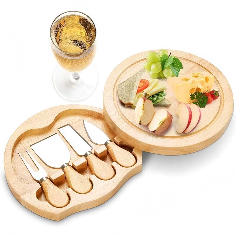 Round Wood Cheese Board with 4-Piece Tool Set