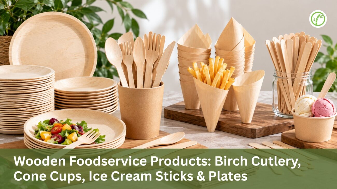 Wooden Foodservice Products: Birch Cutlery, Cone Cups, Ice Cream Sticks & Plates
